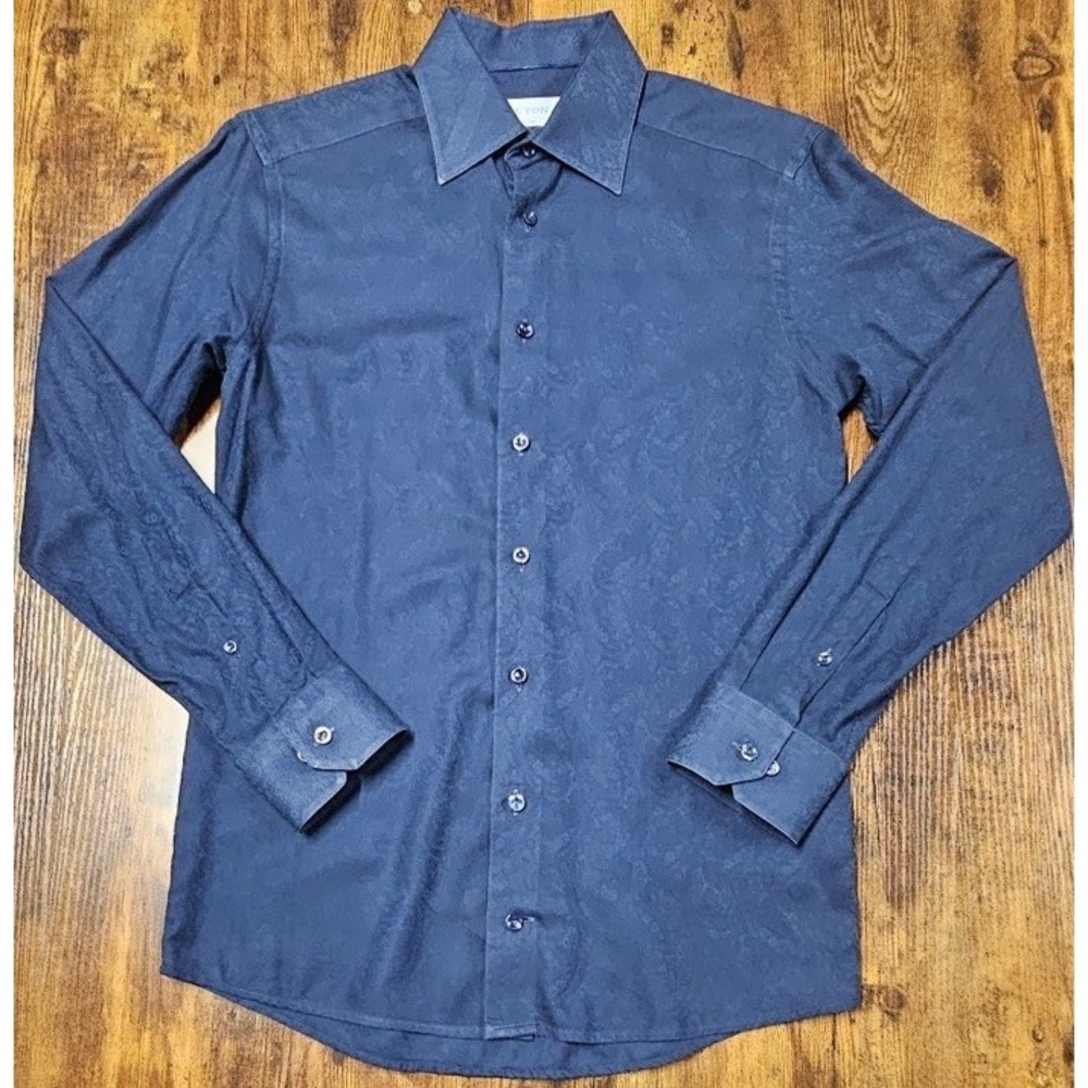 Eton Slim Fit Shirt 100% Cotton Navy Blue Paisley Pattern Men's Size Medium 15.5